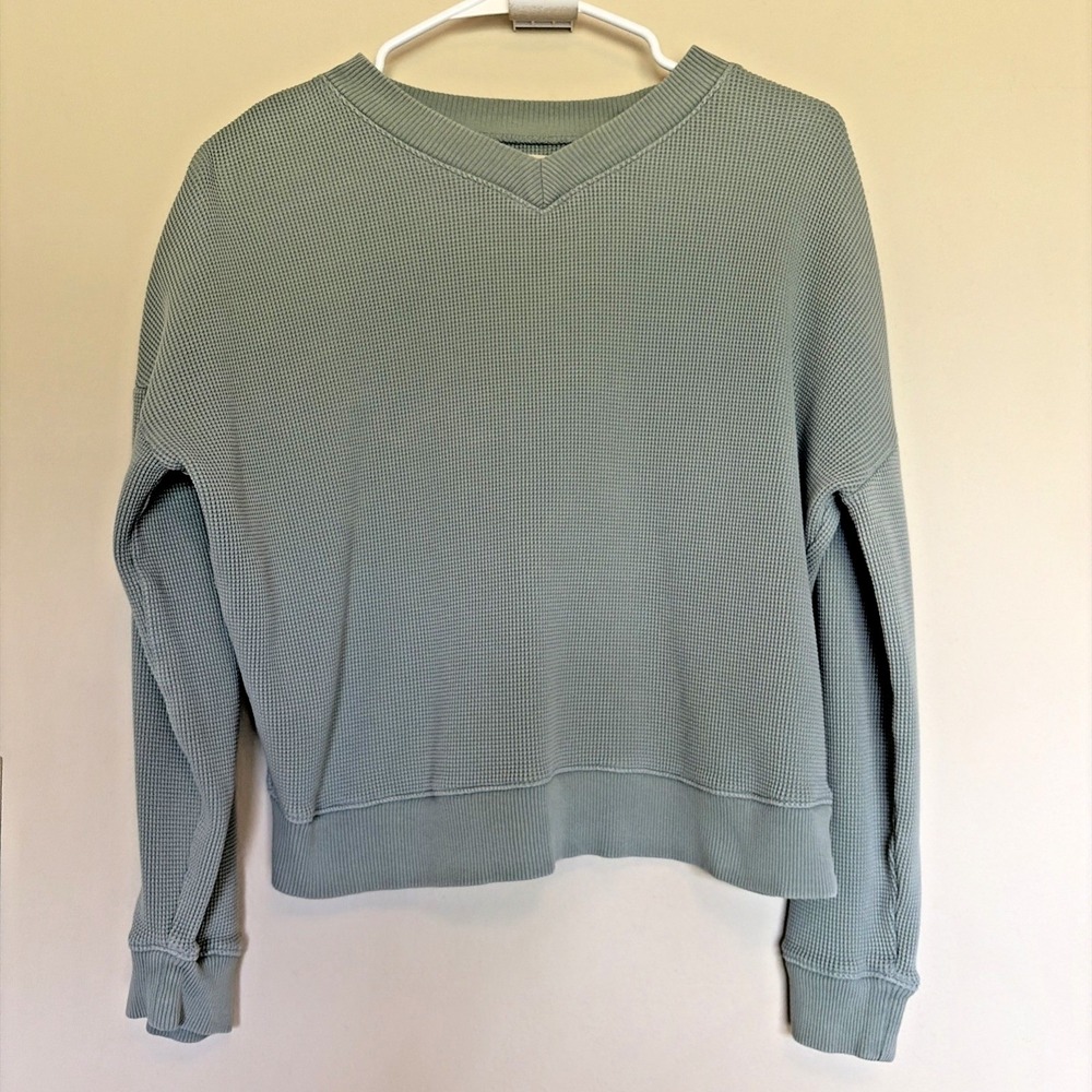 Madewell Green Waffle Knit Thermal Vneck Long Sleeved Top Shirt Womens Medium